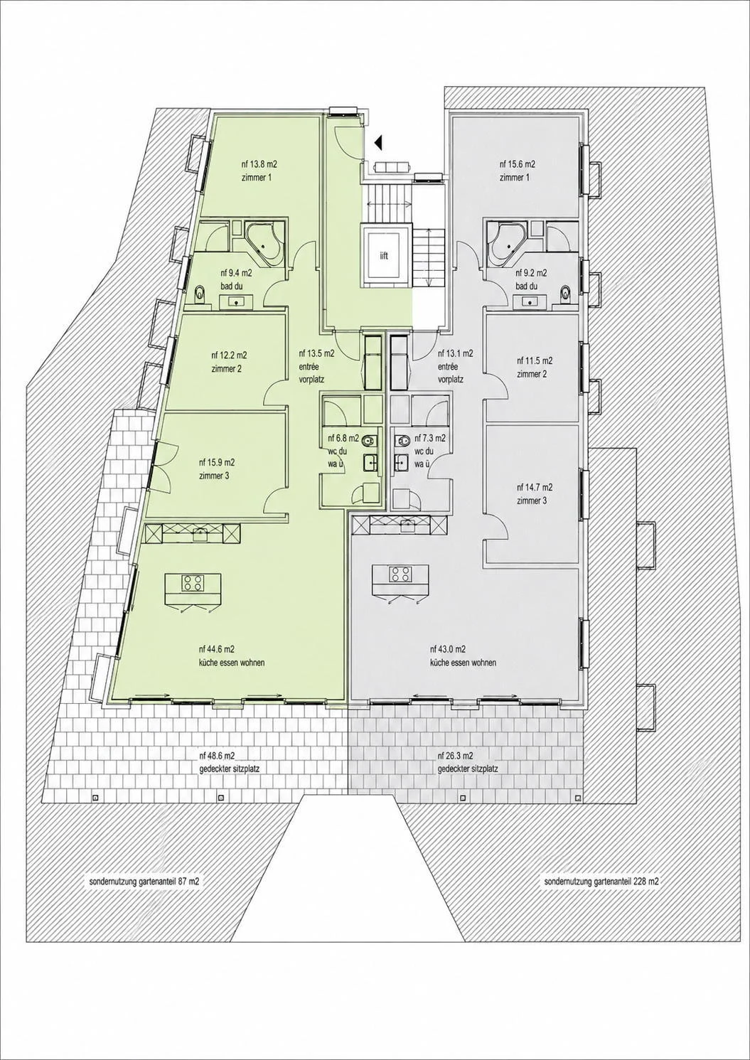 Grundriss der 4½-Zimmer-Wohnung im Erdgeschoss West